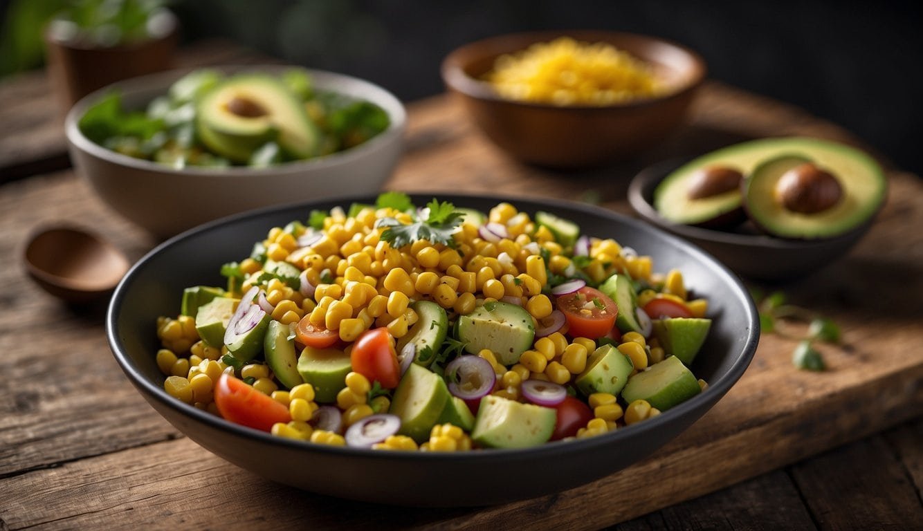 A bowl of charred corn and avocado salad sits on a wooden table, surrounded by other vegan BBQ dishes