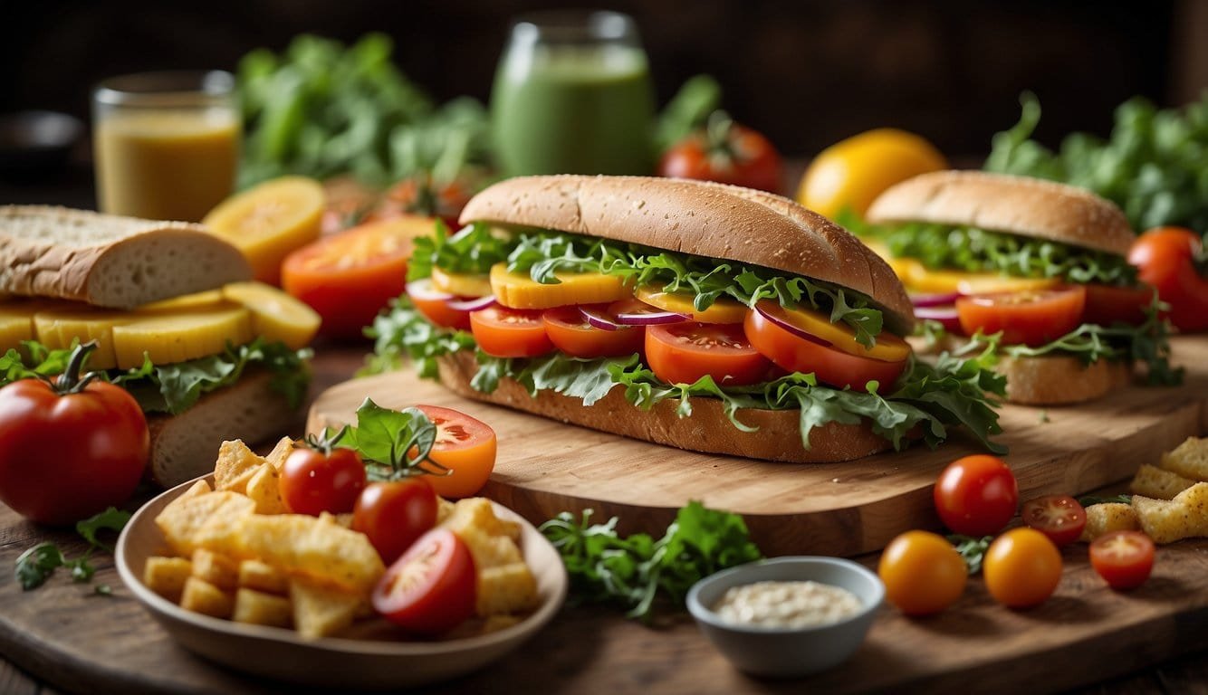 A table spread with 13 colorful vegan sandwiches, surrounded by fresh ingredients like leafy greens, ripe tomatoes, and vibrant fruits