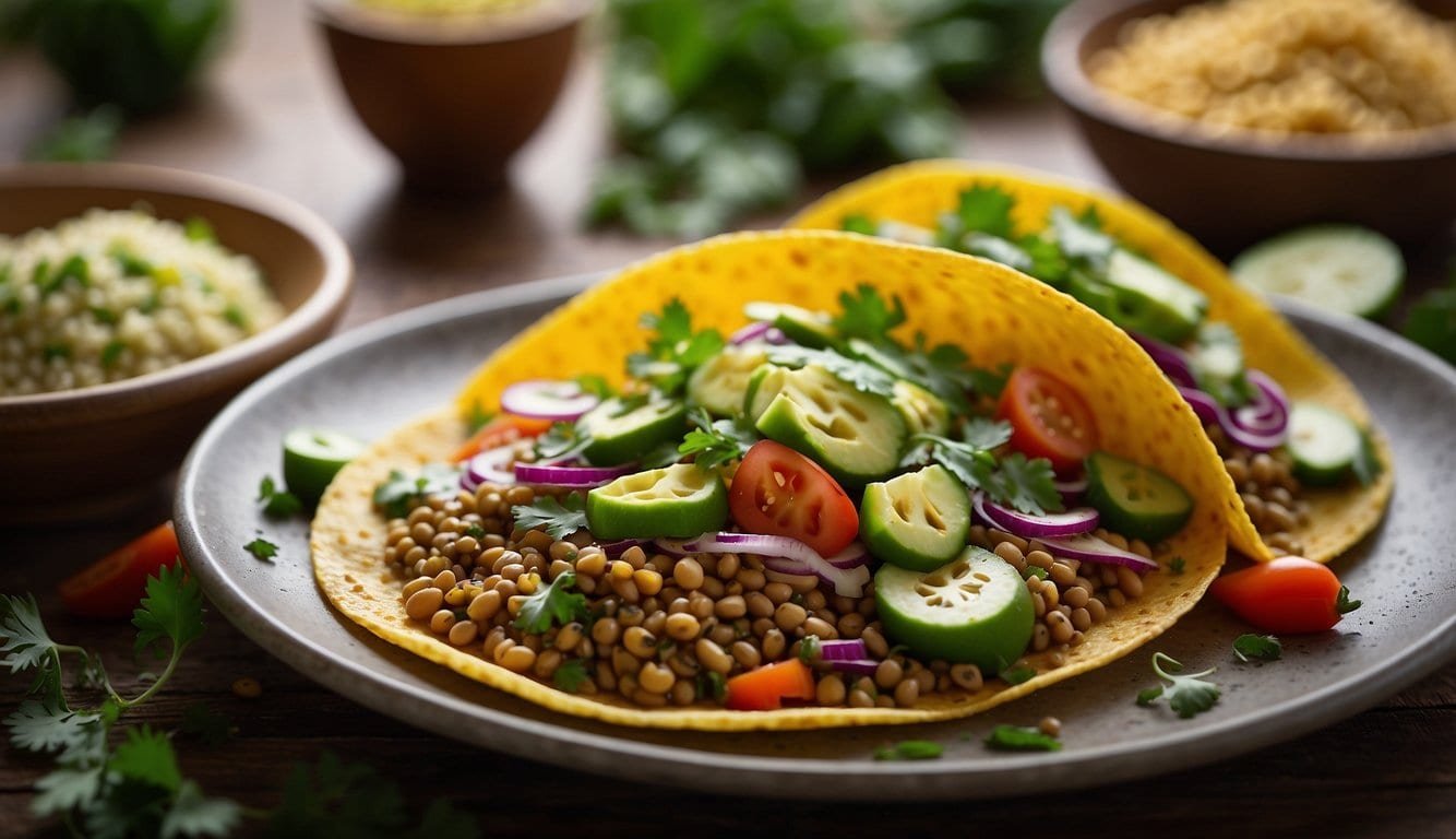 A colorful plate of lentil tacos surrounded by vibrant vegetables and herbs, with a side of quinoa and a sprinkle of nutritional yeast