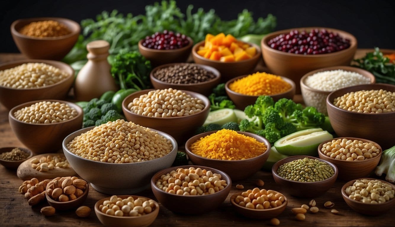 A colorful array of plant-based protein sources: tofu, tempeh, lentils, quinoa, chickpeas, and nuts. Surrounding them are vibrant vegetables, herbs, and spices