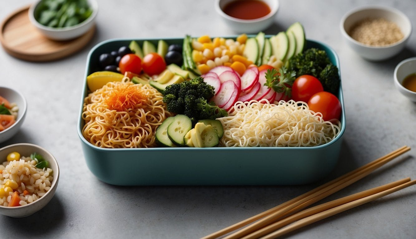 A colorful bento box filled with sesame ginger noodles and 16 other vegan dishes, arranged neatly with vibrant ingredients and chopsticks