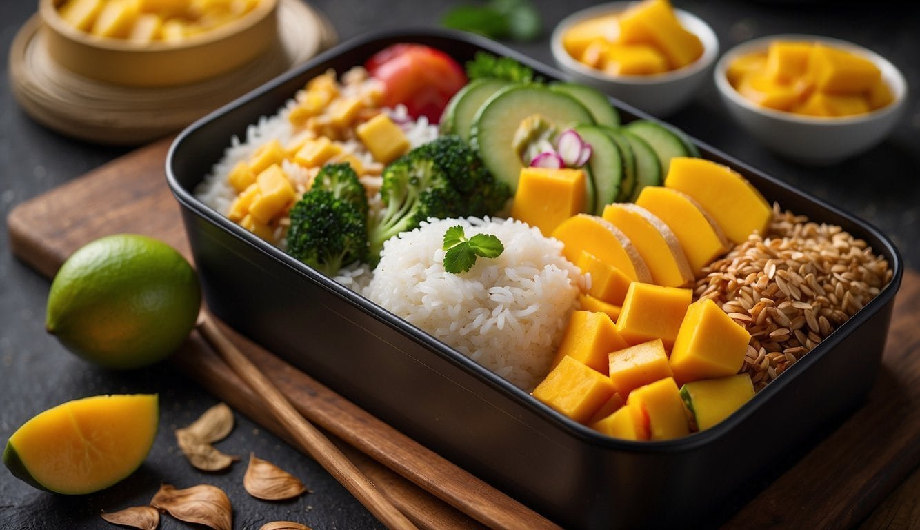 A colorful bento box filled with coconut rice and mango, surrounded by 16 other vegan meal options