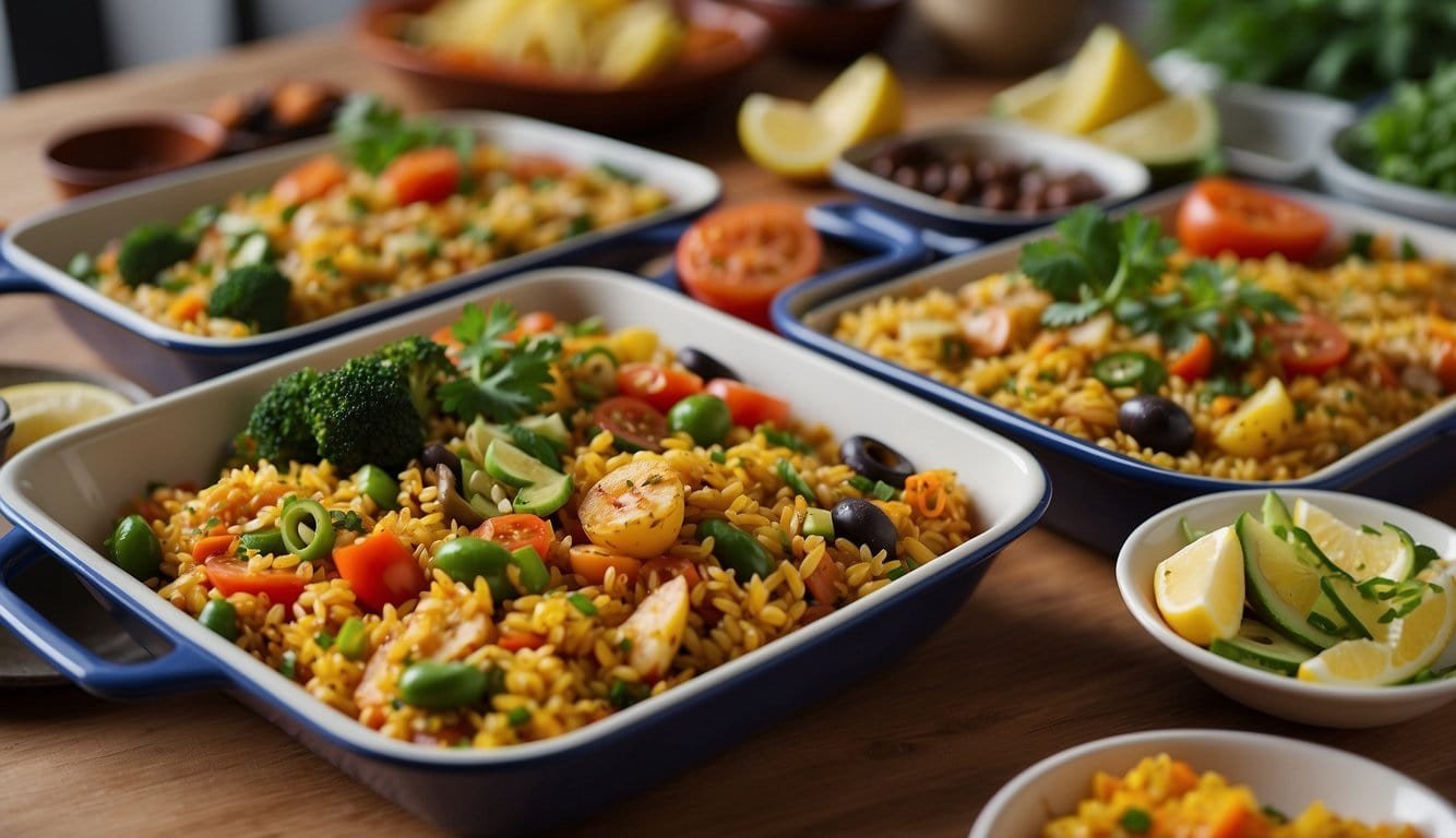 A colorful spread of vegetarian paella and 17 vegan bento boxes arranged on a wooden table. Vibrant vegetables, flavorful rice, and assorted plant-based dishes create an inviting and appetizing scene