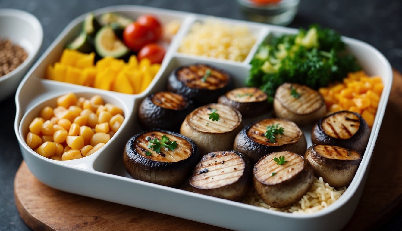 Grilled Portobello mushrooms arranged in a bento box, surrounded by colorful and vibrant vegan side dishes