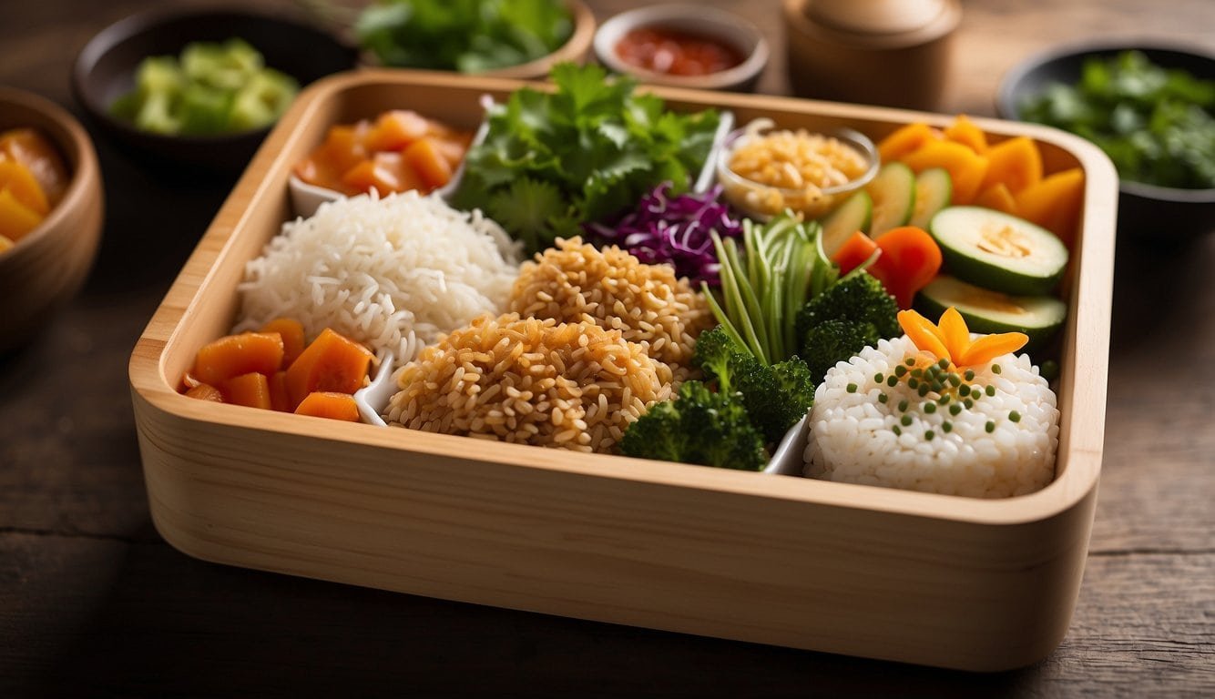 A wooden bento box filled with vibrant, colorful vegan dishes, including a steaming bowl of miso soup surrounded by an array of fresh ingredients and condiments