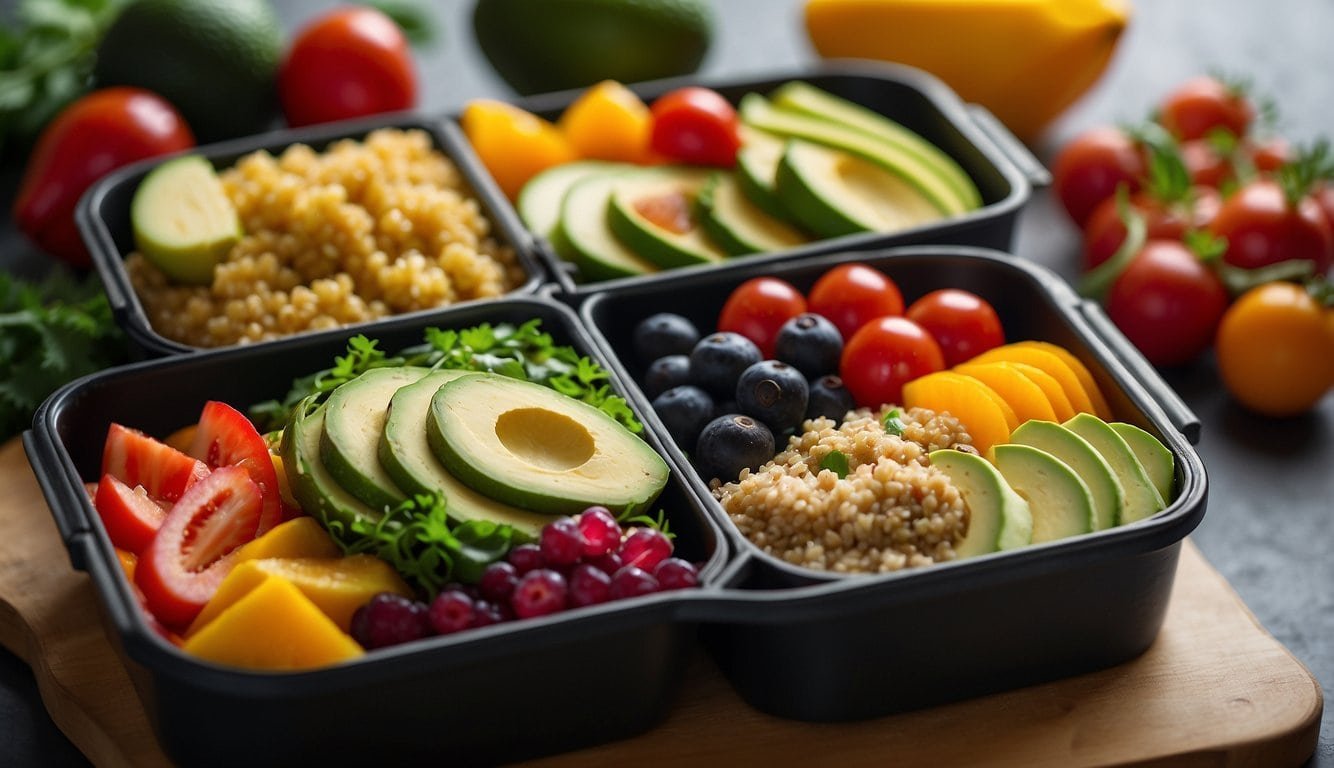 A colorful bento box filled with quinoa salad and sliced avocado, surrounded by vibrant vegetables and fruits