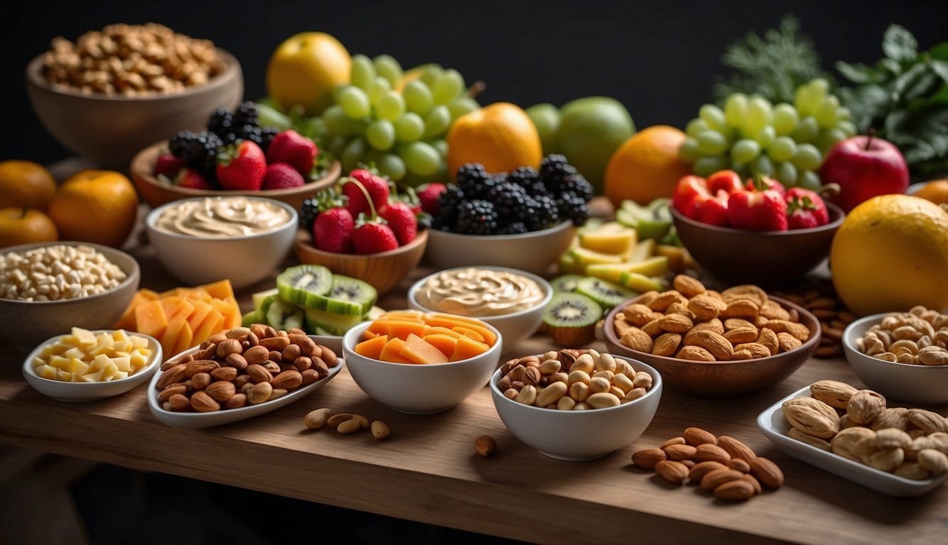 A table filled with 17 colorful vegan snacks, including fruits, nuts, hummus, and veggie sticks, arranged in an inviting and appetizing display