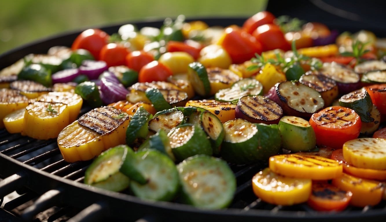 A colorful array of grilled vegetables and plant-based protein sizzling on the barbecue. A variety of vegan sauces and seasonings sit on the side