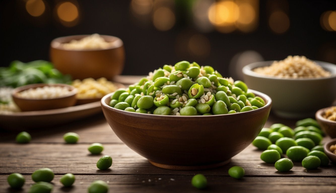 A bowl of edamame sprinkled with sea salt sits on a wooden table surrounded by other vegan snack options