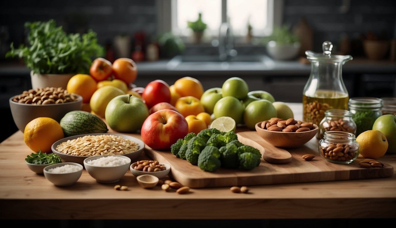 A kitchen counter with various ingredients such as fruits, nuts, and vegetables. A cutting board and knife are present for preparation. A recipe book is open to a page with 