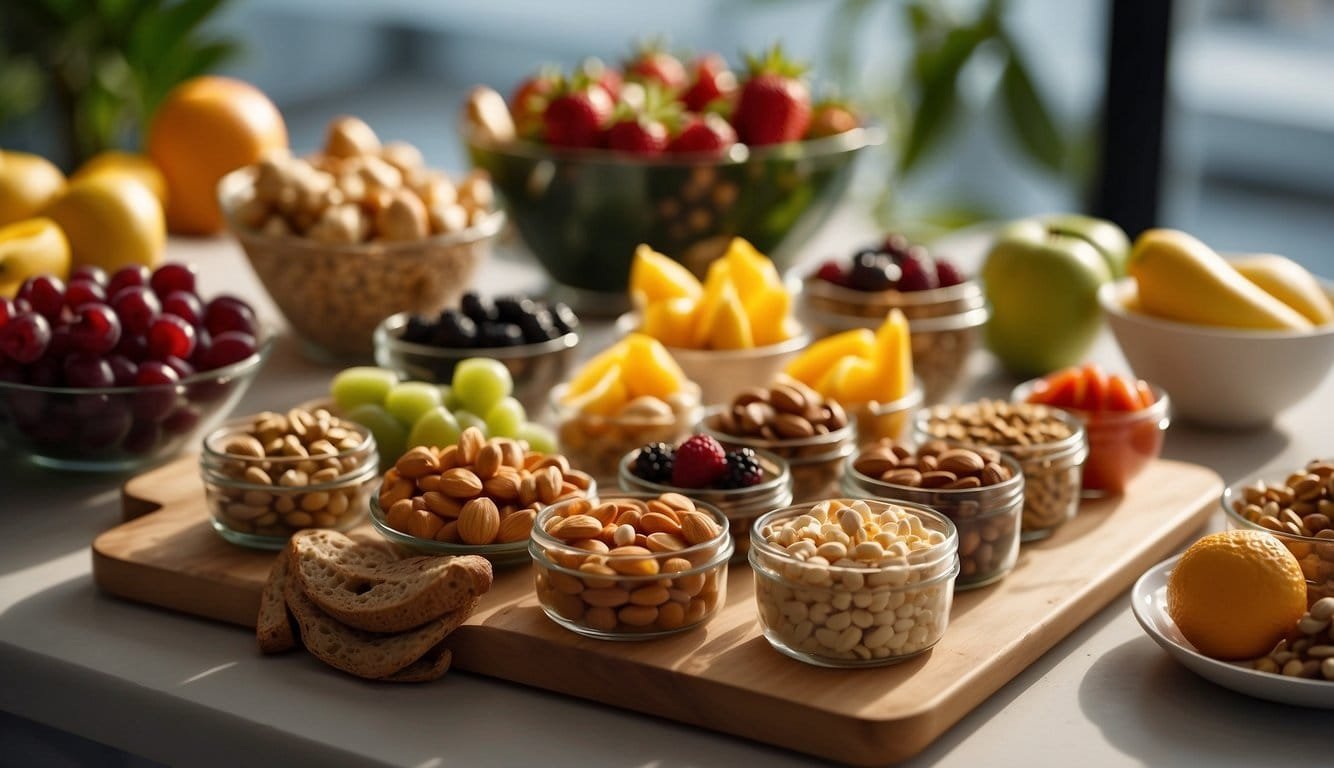 A table filled with colorful and appetizing vegan snacks, including fruits, nuts, and plant-based treats. Bright, natural lighting enhances the vibrant presentation