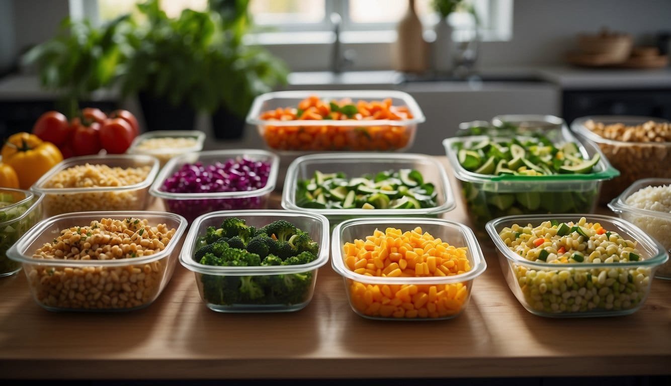 A kitchen counter with 13 colorful vegan meal prep containers arranged neatly, showcasing a variety of plant-based dishes. Ingredients and cooking utensils are scattered around the workspace