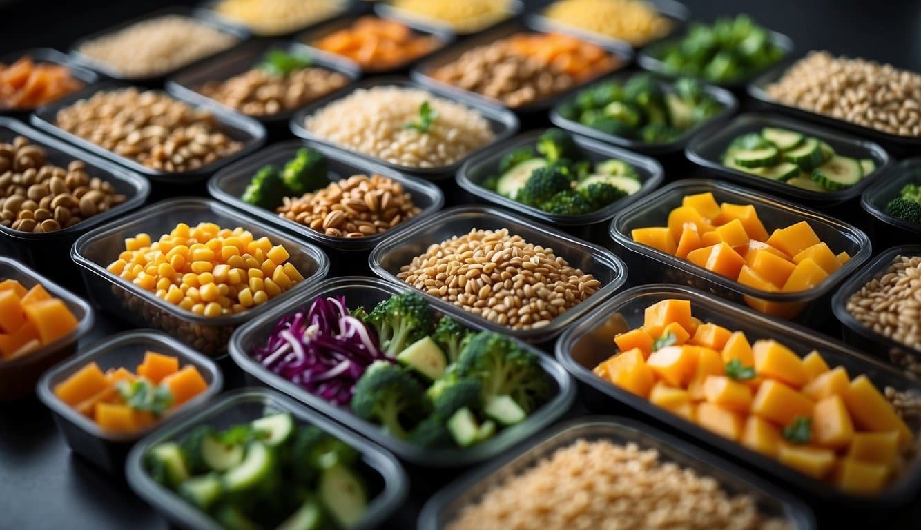 A colorful array of 13 vegan meal prep containers, each filled with a balanced combination of grains, vegetables, and plant-based proteins