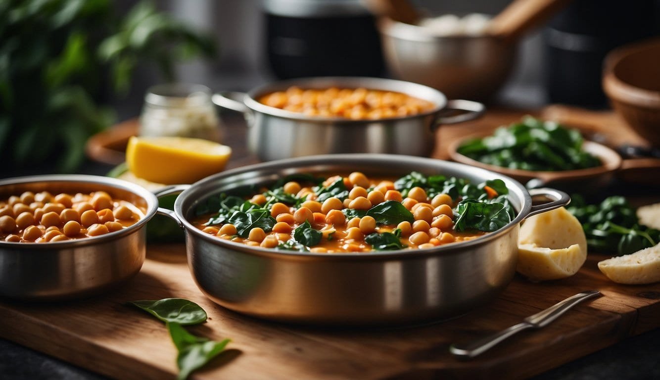 A simmering pot of chickpea and spinach stew surrounded by prepped vegan meal containers