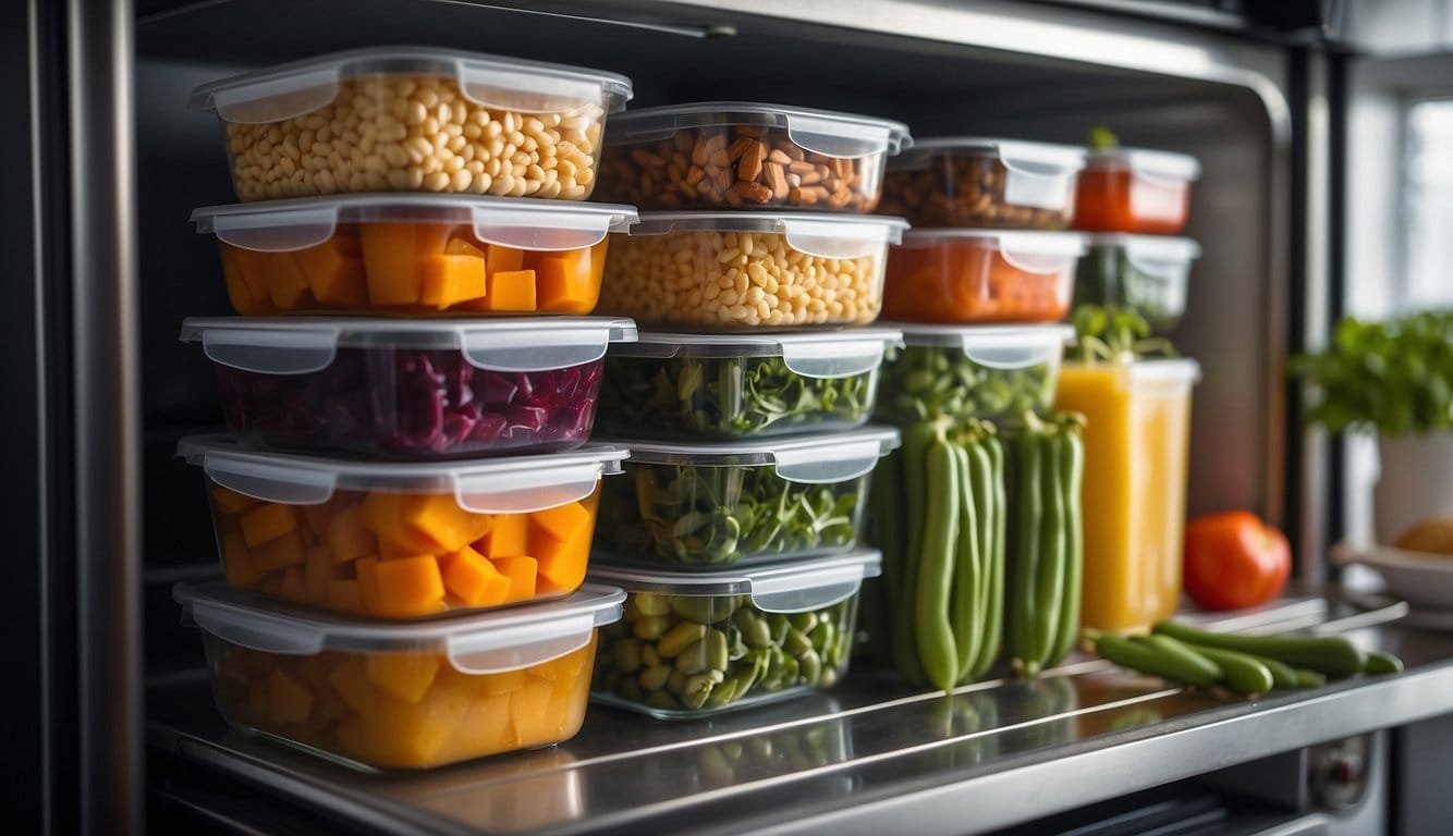 Various containers filled with colorful and nutritious vegan meals, neatly organized in a refrigerator. A microwave and stovetop are nearby for reheating