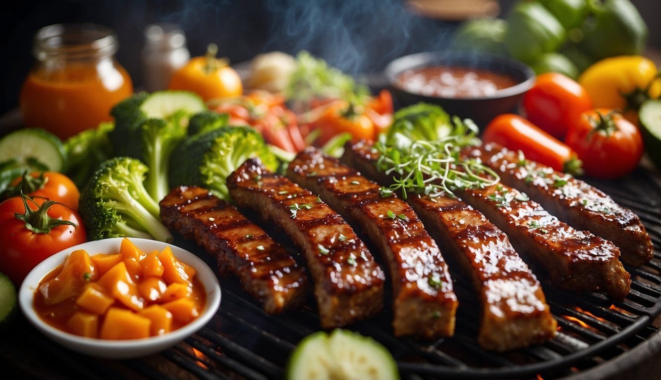 A platter of spicy seitan ribs sizzling on a grill, surrounded by vibrant vegetables and a variety of vegan BBQ sauces