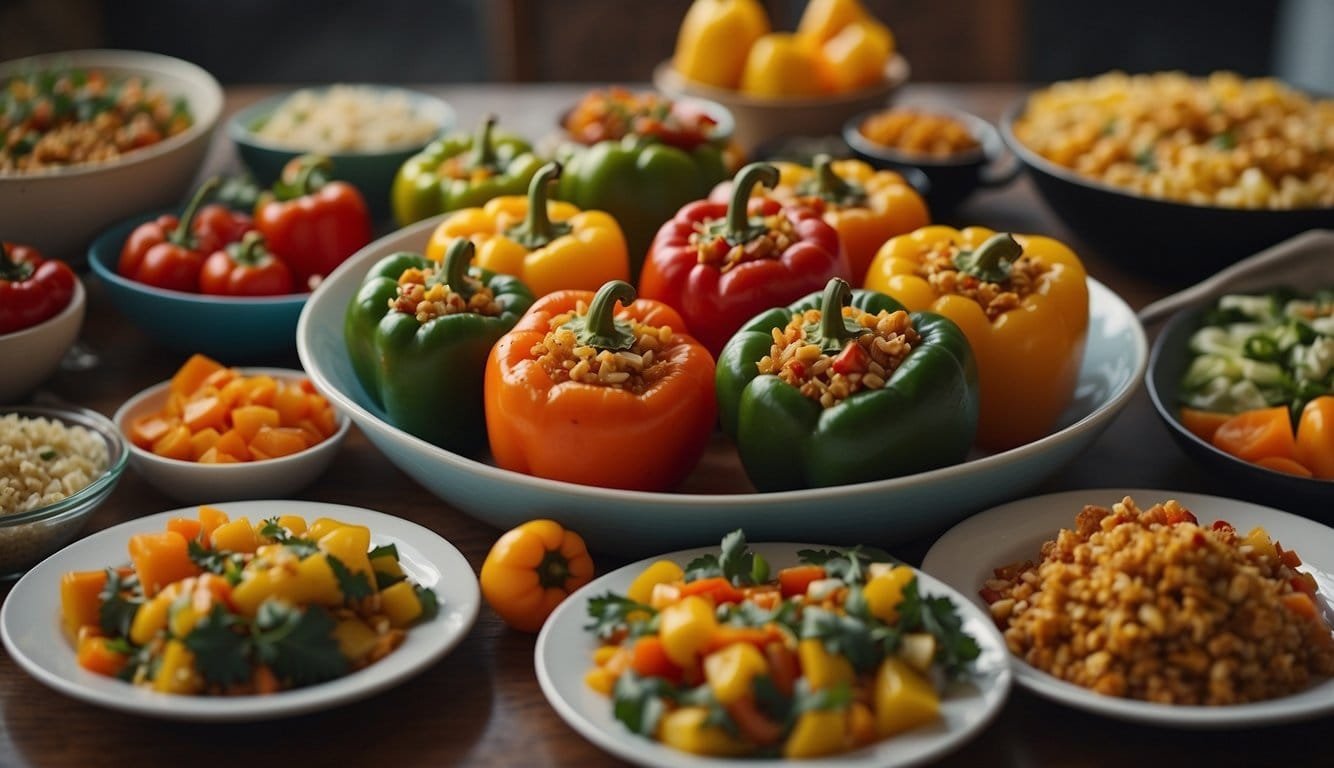 A table set with colorful stuffed bell peppers surrounded by other vegan potluck dishes