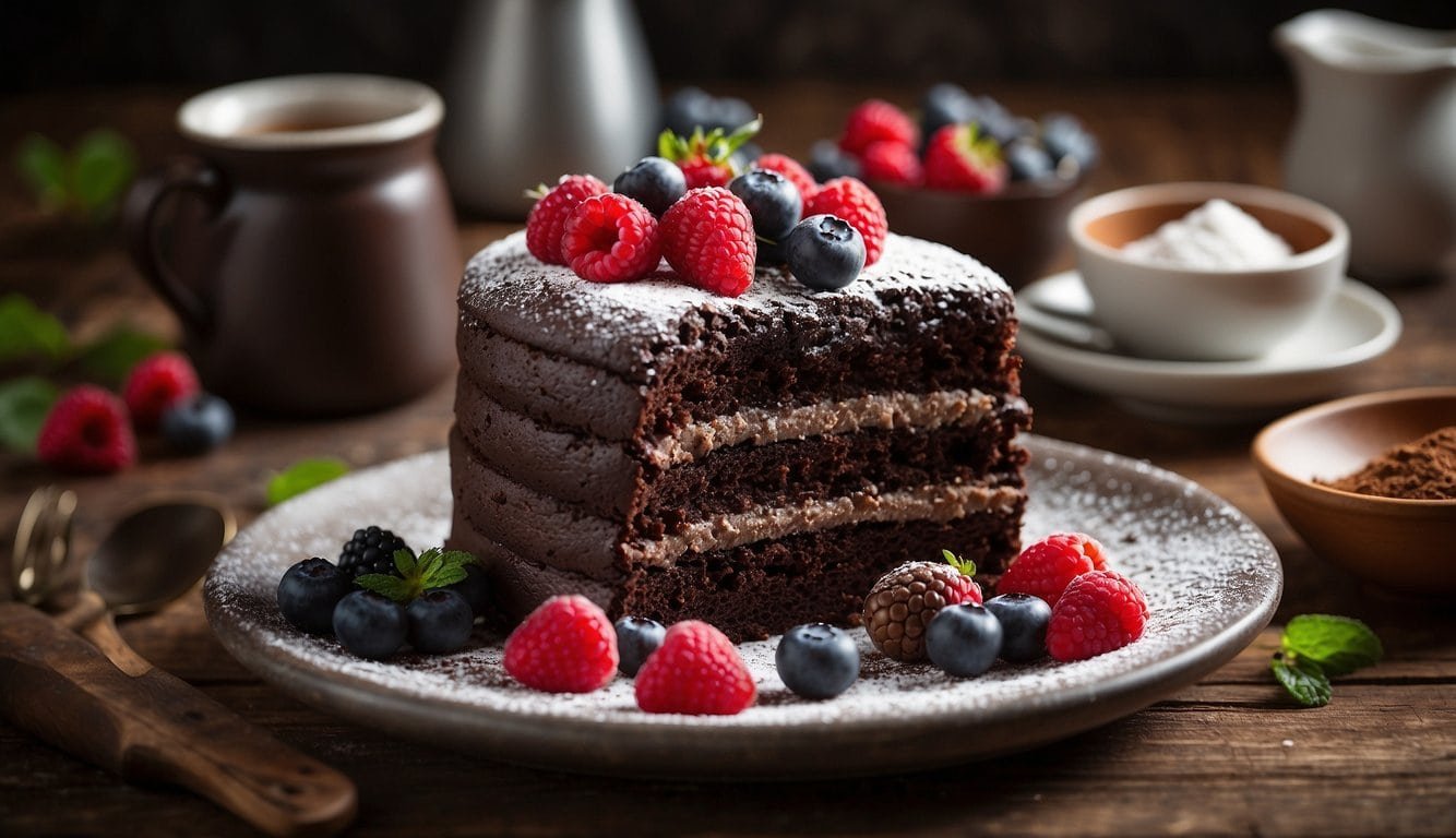 A decadent vegan chocolate cake sits on a rustic wooden table, surrounded by fresh berries and a dusting of powdered sugar