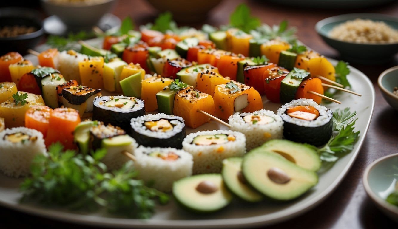 A table displays 13 colorful vegan dishes, including roasted vegetable skewers, quinoa salad, and avocado sushi rolls. Plates are garnished with fresh herbs and arranged in an inviting spread