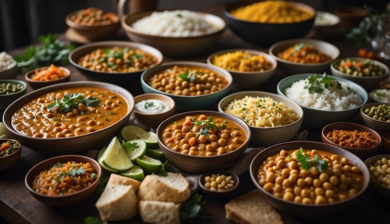 A colorful potluck spread with a large serving of chickpea curry surrounded by 12 other vegan dishes