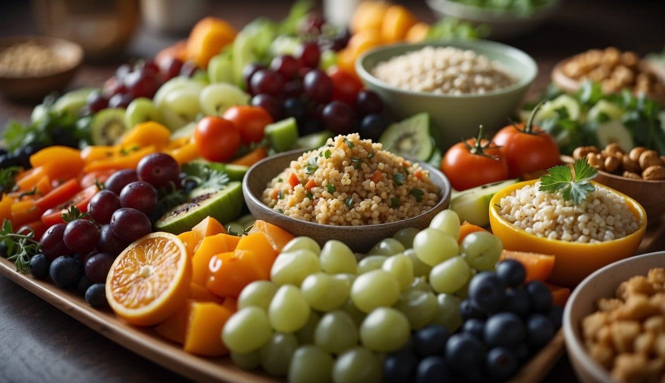 A colorful spread of vegan potluck dishes, including quinoa salad, roasted vegetable platter, and fruit skewers, with a variety of textures and flavors