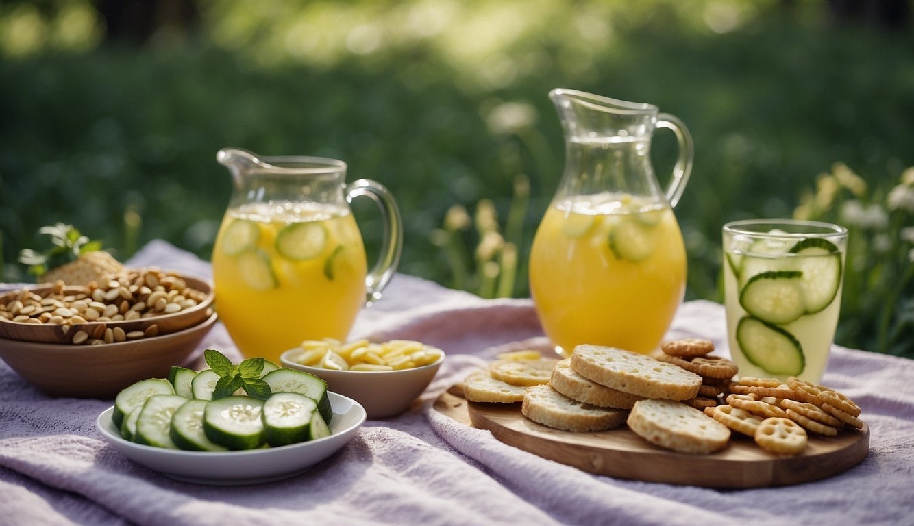 A picnic blanket with a spread of vegan snacks, including a pitcher of cucumber mint lavender lemonade, surrounded by nature