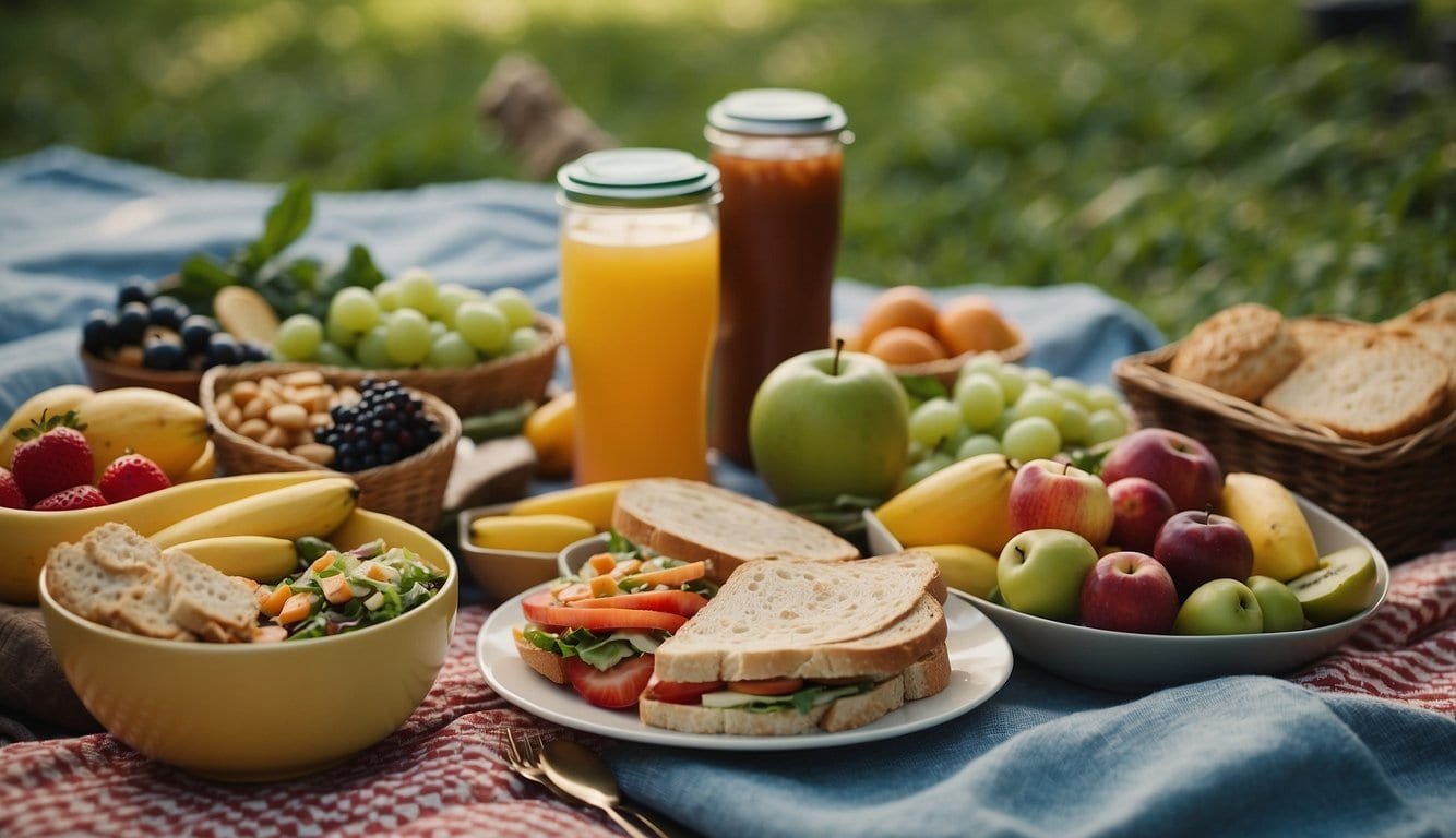 A colorful picnic blanket spread with vegan food, including fresh fruits, sandwiches, salads, and plant-based snacks. A basket filled with reusable plates, utensils, and a thermos of refreshing drinks completes the scene