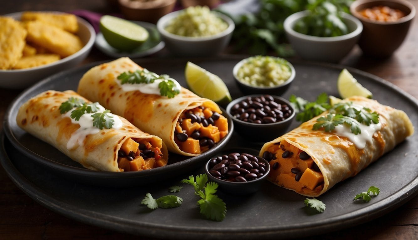 A table set with sweet potato black bean enchiladas, surrounded by ingredients and recipe books