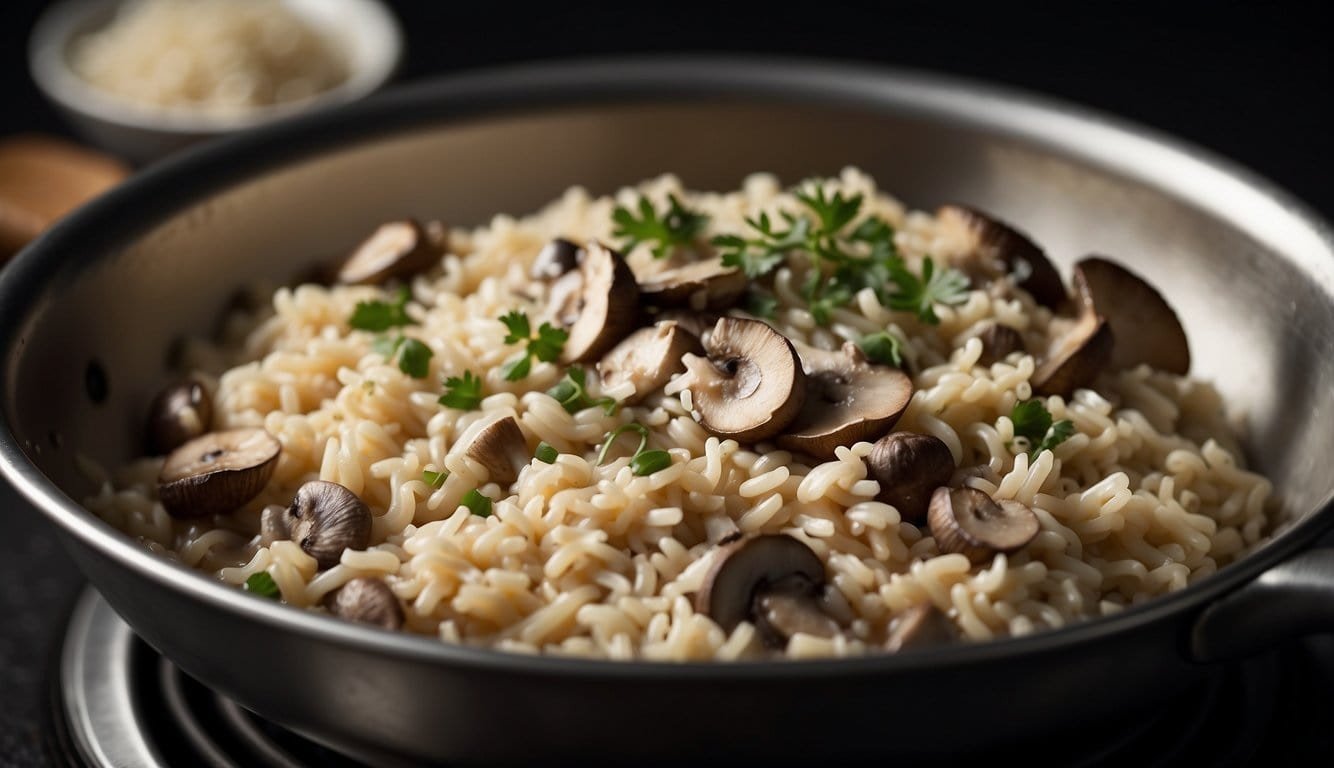 A pot of creamy mushroom risotto simmers on a stovetop. A wooden spoon stirs the rice, while a steam rises from the dish