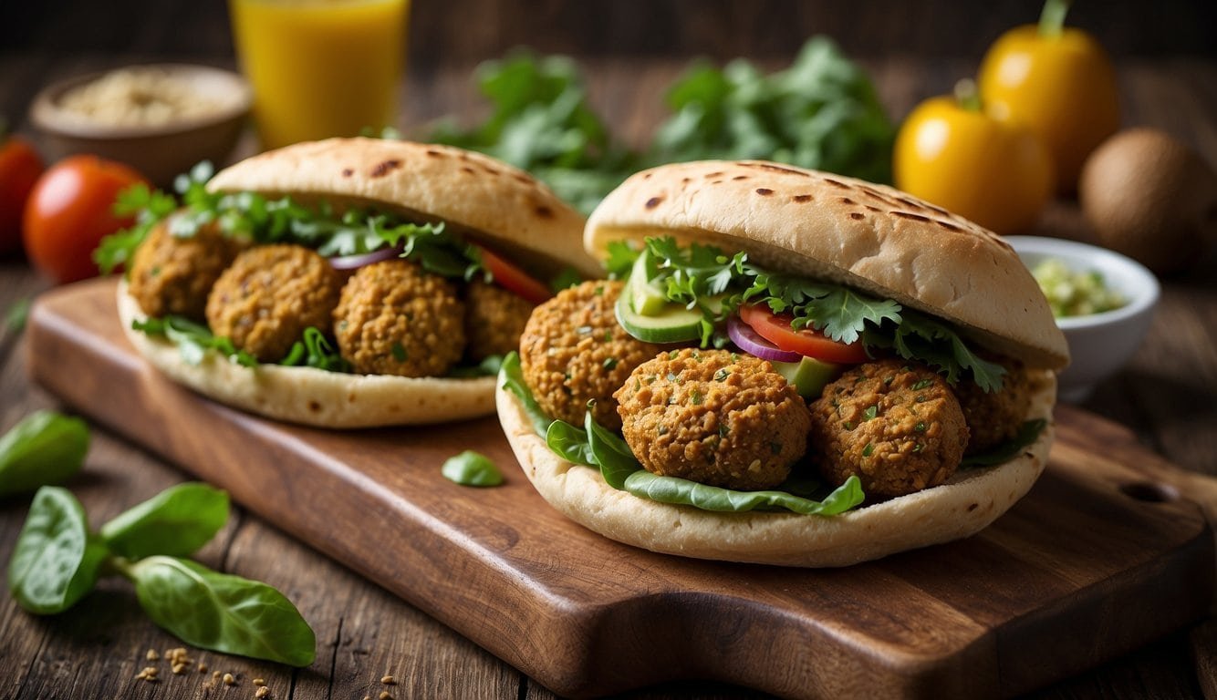 A golden brown falafel pita, bursting with vibrant greens and colorful veggies, sits on a rustic wooden board, surrounded by 12 other mouthwatering vegan sandwich options