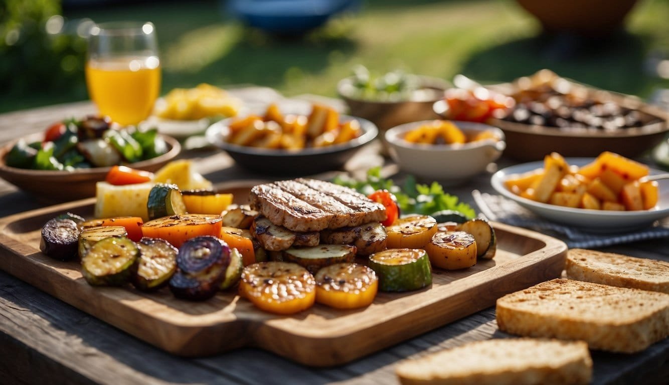 A picnic table set with a variety of vegan BBQ dishes, including grilled vegetables, plant-based burgers, and skewers of marinated tofu and seitan